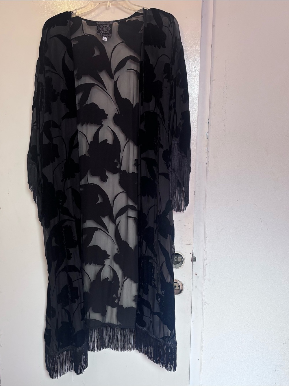 Johnny Was Black Floral Embroidered Sheer/velvet Kimono